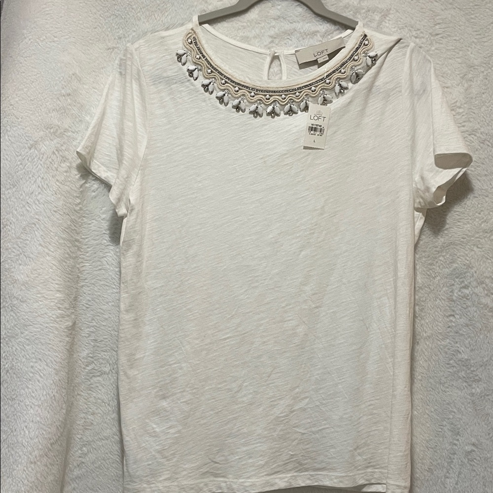 LOFT White Short Sleeve Top with Embellished Neckline